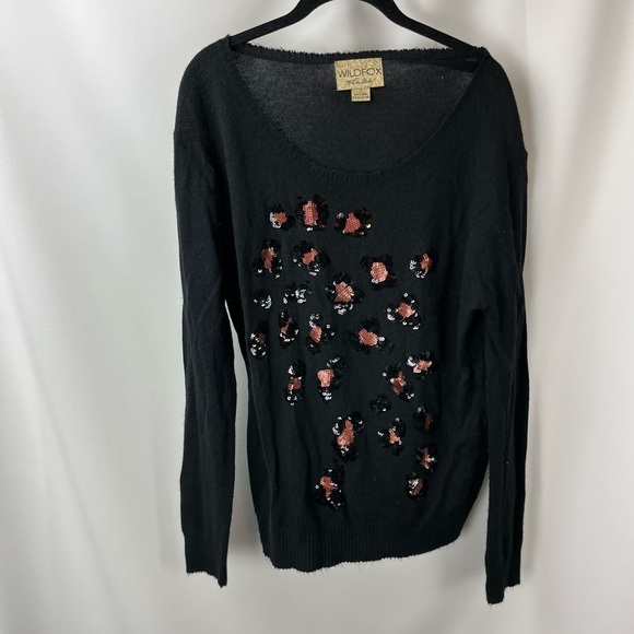 Wildfox Sweater Black Leopard Cheetah Print Small Sequins Scoop Neck Thin Knit - Picture 3 of 6